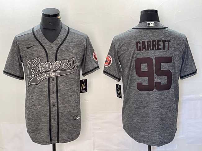 Men%27s Cleveland Browns #95 Myles Garrett Gray With Patch Cool Base Stitched Baseball Jersey